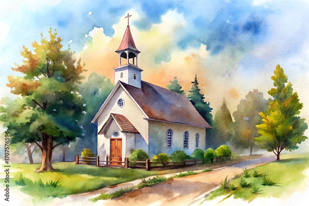 Fototapeta premium Watercolor painting of a quaint country church with trees and a path, under a cloudy sky