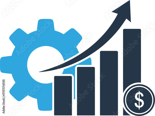 Blue gear and rising bar graph with upward arrow and dollar coin symbolize financial growth and progress.