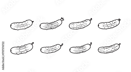 Eight hand drawn cucumber silhouettes in a grid pattern silhouette