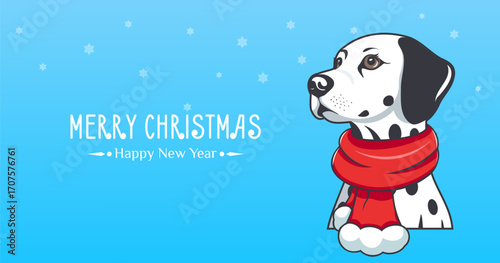Vector holiday greeting winter card or poster. Merry Christmas and Happy New Year. Portrait of cute cartoon white with black spots purebred Dalmatian dog in red scarf. Blue background and snowflakes