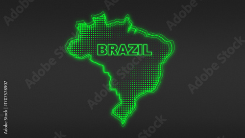 Neon Green Brazil Map Outline Futuristic Digital Glow Halftone Illustration