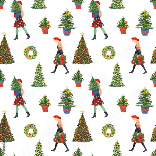 Watercolor seamless pattern featuring women shopping before Christmas, surrounded by trees and festive wreaths. Perfect for holiday wrapping, cards, textiles, and seasonal designs.