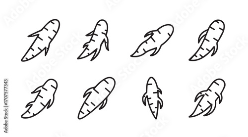 Collection of simple hand drawn root vegetable silhouettes in black and white