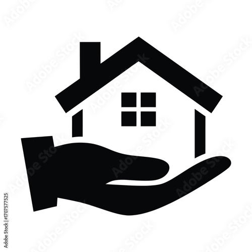Stylized black silhouette of a hand cradling a simple house icon representing home ownership and security