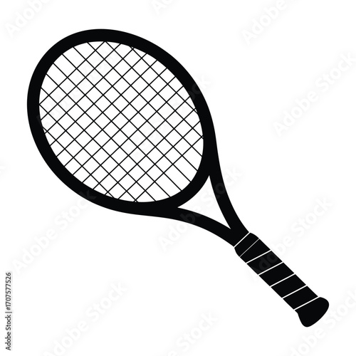 Black illustration of a tennis racket on a white background