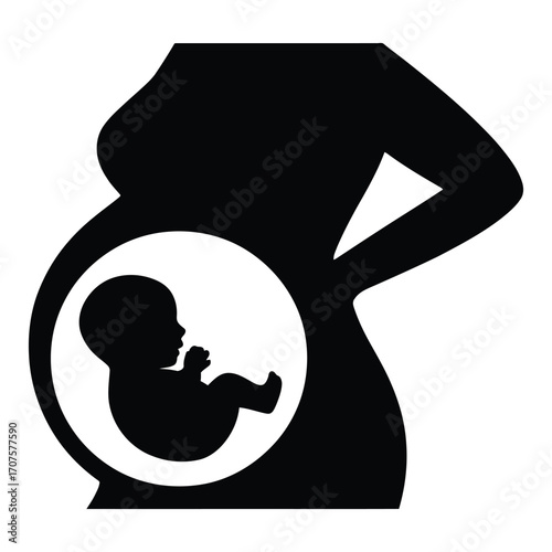 Silhouette of pregnant woman with fetus inside her womb depicted in a circle