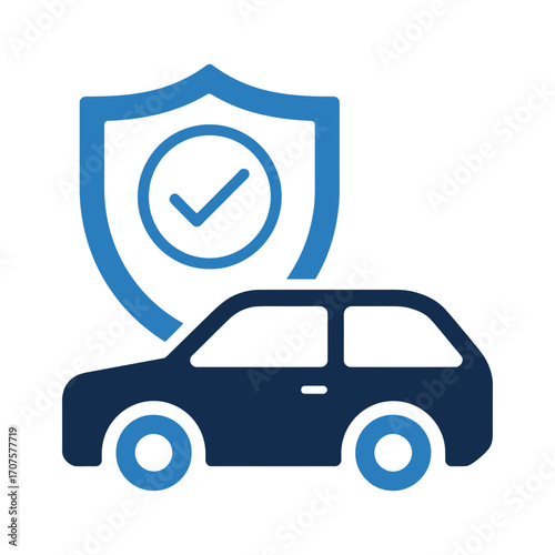 Blue car icon with a shield and checkmark symbolizing protection and insurance