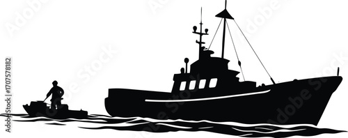 a Coast Guard cutter being towed by a smaller vessel on the water silhouette vector