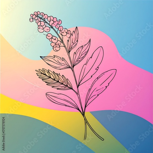 Abstract botanical illustration of a stylized plant branch with pink berries and leaves, set against a vibrant, multicolored, wavy background