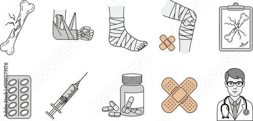 Medical icons depicting bone injuries, treatments, and healthcare professionals.