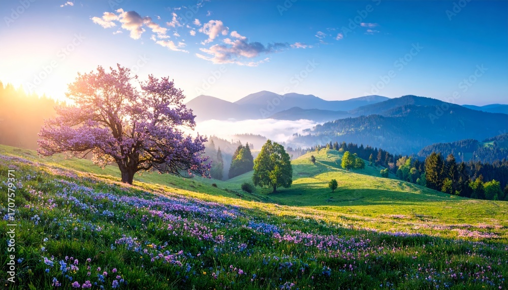 Obraz premium spring landscape with some fog in golden morning light