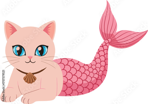 Whimsical cat with a shimmering mermaid tail and seashell necklace, a fantasy creature