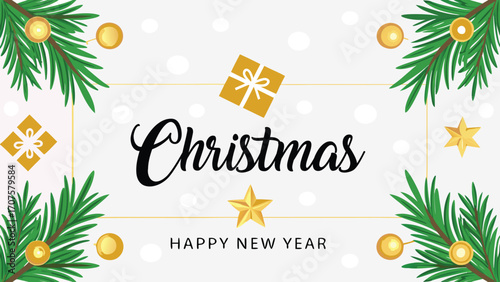 Elegant Christmas and New Year Greeting Banner with Pine Branches and Gifts
