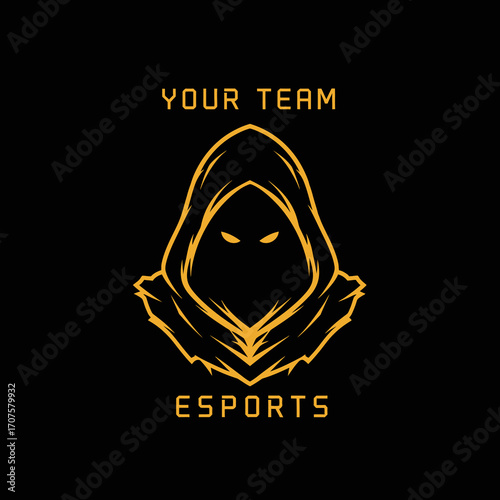 A dark and mysterious esports logo featuring a hooded figure with glowing eyes and the text "YOUR TEAM ESPORTS".