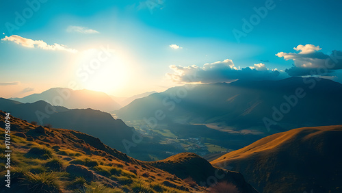 Golden sunbeams shine over a beautiful mountain range at sunrise, creating a dramatic and hopeful scene with light and shadow.