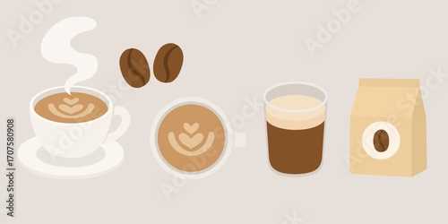 Coffee vector set coffee cup latte art coffee beans package
