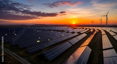 Solar Panel Array and Wind Turbines at Colorful Sunrise Clean Energy Landscape