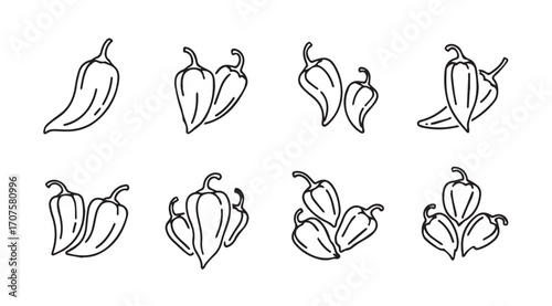 Collection of hand drawn chili pepper silhouettes in various arrangements