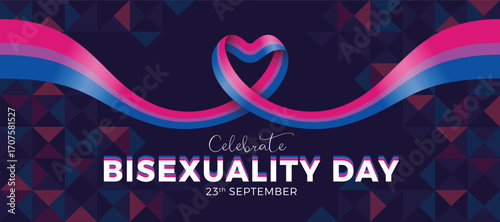 Celebrate bisexuality day - Text and long bisexual flag rolling and waving to heart shape on dark triangle geometric shapes texture vector design