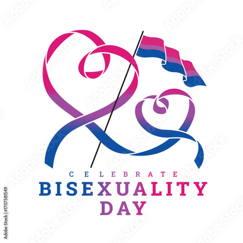 Celebrate bisexuality day - Bisexual flag cross gradient pink purple and blue ribbon with rolling to two heart shape vector design