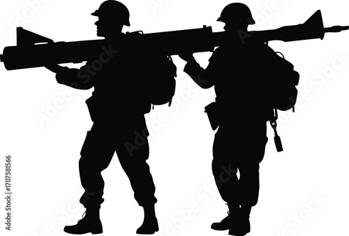 Two soldiers in carrying a large weapon, possibly a rocket launcher silhouette vector