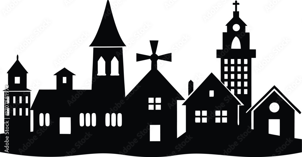 Naklejka premium Various Buildings Church, Tower, School, Lighthouse, Windmill, and Homes