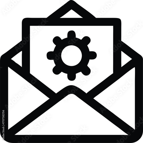 A black outline shows open mail with a gear icon at the center