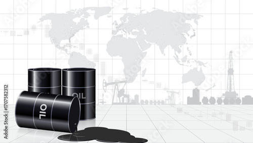 Black barrels, puddle of spilled crude oil, petroleum products. Industrial background. 3D grid, world map. Concept of falling prices, crisis, pollution. Low price. Copy space, place for text. Vector