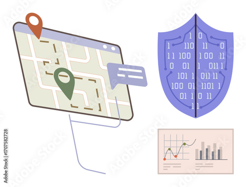 Navigation map with location pins, a digital security shield with binary code, and a data analysis chart. Ideal for data security, GPS, analytics, cyber protection, innovation, efficiency simple