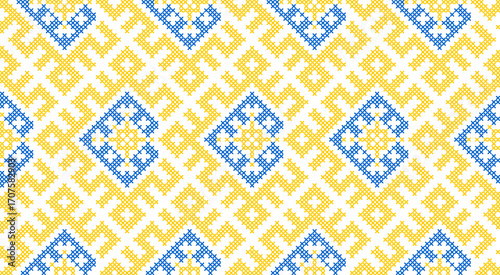 Traditional Ukrainian ornament vector, blue and yellow cross-stitch seamless pattern, ethnic vyshyvanka embroidery, folk geometric background for print, fabric, clothing, website, banner