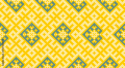 Traditional Ukrainian ornament vector, blue and yellow cross-stitch seamless pattern, ethnic vyshyvanka embroidery, folk geometric background for print, fabric, clothing, website, banner