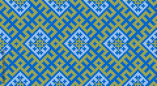Traditional Ukrainian ornament vector, blue and yellow cross-stitch seamless pattern, ethnic vyshyvanka embroidery, folk geometric background for print, fabric, clothing, website, banner
