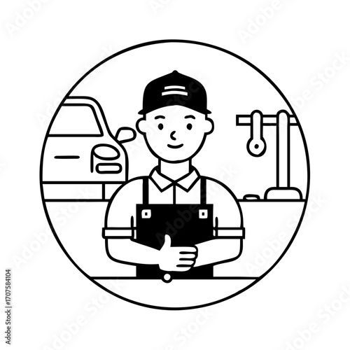 Vector art of car mechanic in circle modern vector illustration of a repairman in uniform standing in front of a car