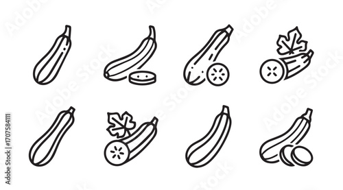 Collection of zucchini vegetable illustrations in a simple outline silhouette style