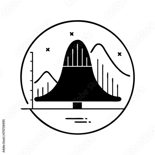 Illustration of a bell curve graph inside a circle, representing statistical distribution and data analysis in a simple design