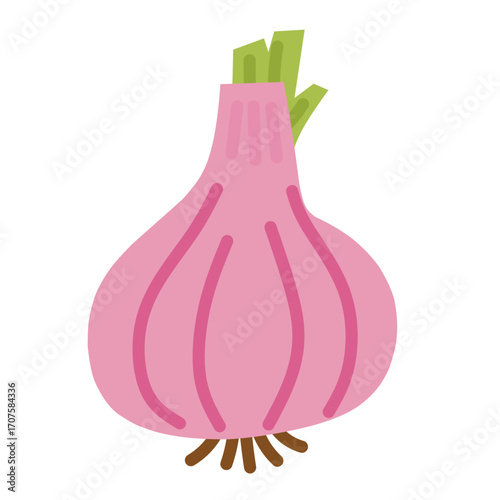 A colorful flat design illustration of a red onion with its green stalk, perfect for culinary themed designs, recipe books, or educational materials.