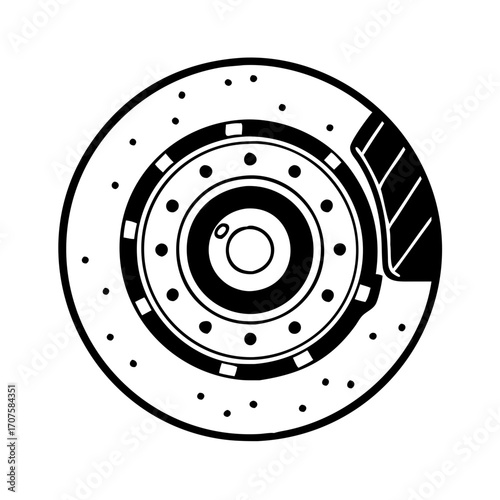 Vector art of brake disc with caliper car brake rotor with holes and pads automotive part for repair and maintenance service