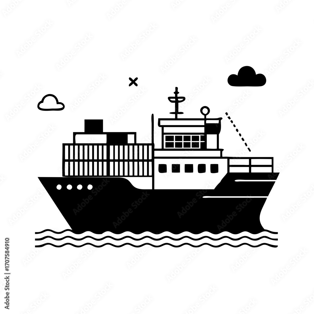 Fototapeta premium Vector art of cargo ship icon freight transport, maritime logistics, and global trade with container vessel