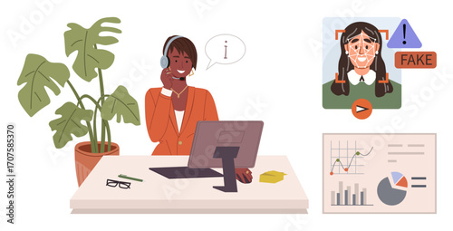Customer service agent at desk with headset, speech bubble. Screen shows fake detection, graph data. Ideal for technology, customer service, communication, fraud prevention, data analysis AI