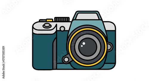 Vintage teal camera with a large lens detailed illustration.