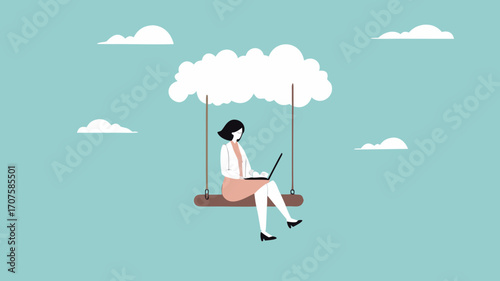 cloud computing on corporate infrastructure, remote work or work from home, technology to connect humans to complete work, woman working using laptop sitting on cloud swing concept illustration