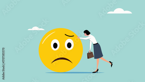 work problem, sad businesswoman leaning on big sad emoticon, business problem or economic recession from financial inflation