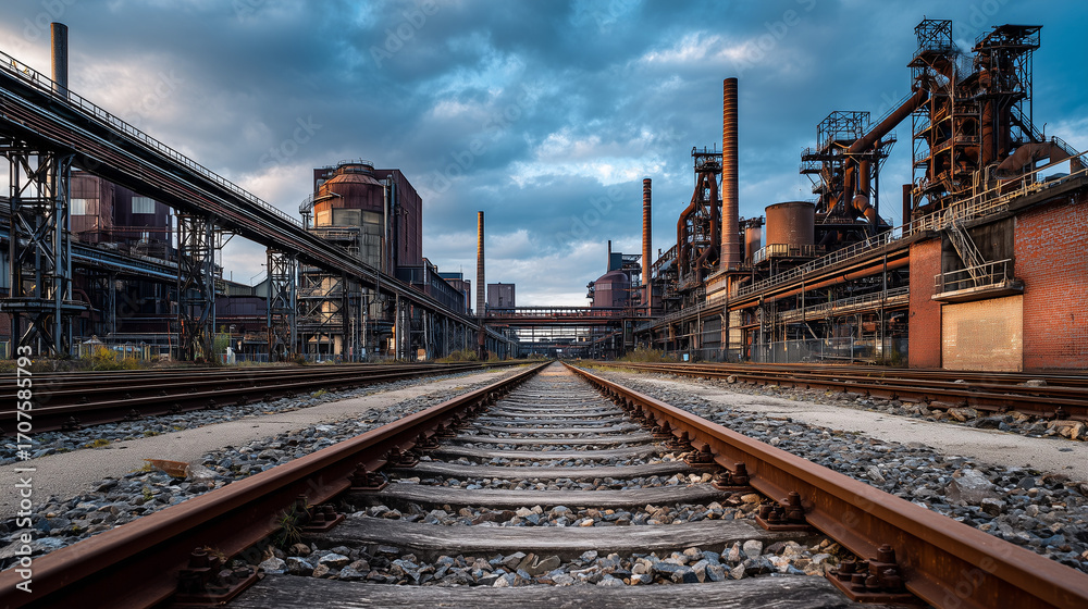 Fototapeta premium Rusty railway tracks lead into an industrial site with towering structures and a cloudy sky at dusk in an abandoned factory setting Generative AI