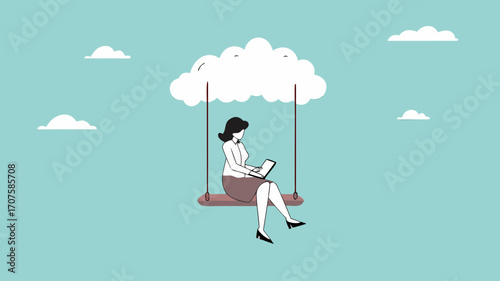 cloud computing on corporate infrastructure, remote work or work from home, technology to connect humans to complete work, woman working using laptop sitting on cloud swing concept illustration
