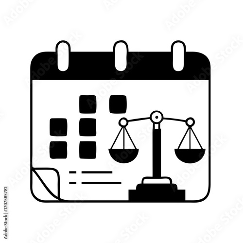 Vector art of calendar with scales of justice symbolizes legal deadlines, court dates, and important dates for legal matters
