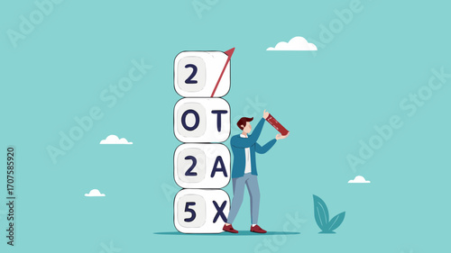 2025 tax, tax percentage policy each year, businessman with 2025 tax dice examines tax increase graph using a magnifying glass