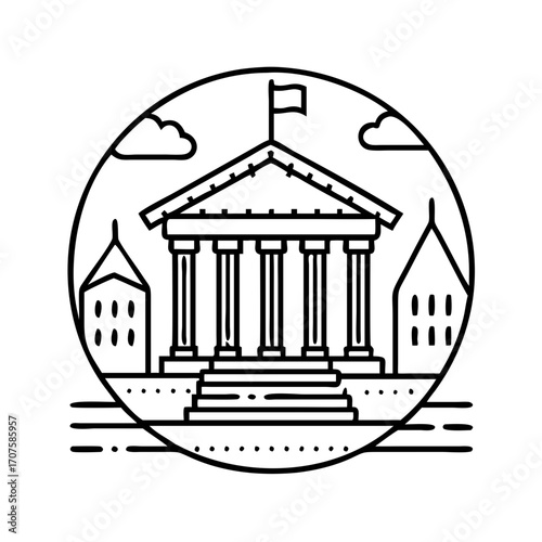 Illustration of a courthouse with pillars, steps, and flag, a symbol of law, justice, and government in a simple, clean design