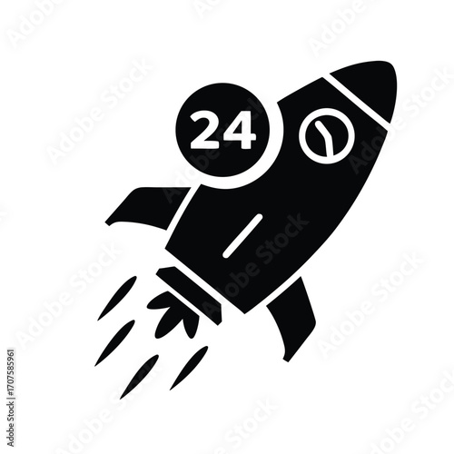 A black rocket icon with a 24 hour service symbol is displayed flying up