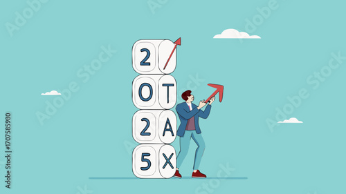 2025 tax, tax percentage policy each year, businessman with 2025 tax dice examines tax increase graph using a magnifying glass