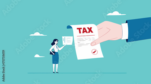 income tax burden or wealth tax, businesswoman holding saving bank looking at tax bills, financial charge and duty to pay for government, wealth management concept vector illustration